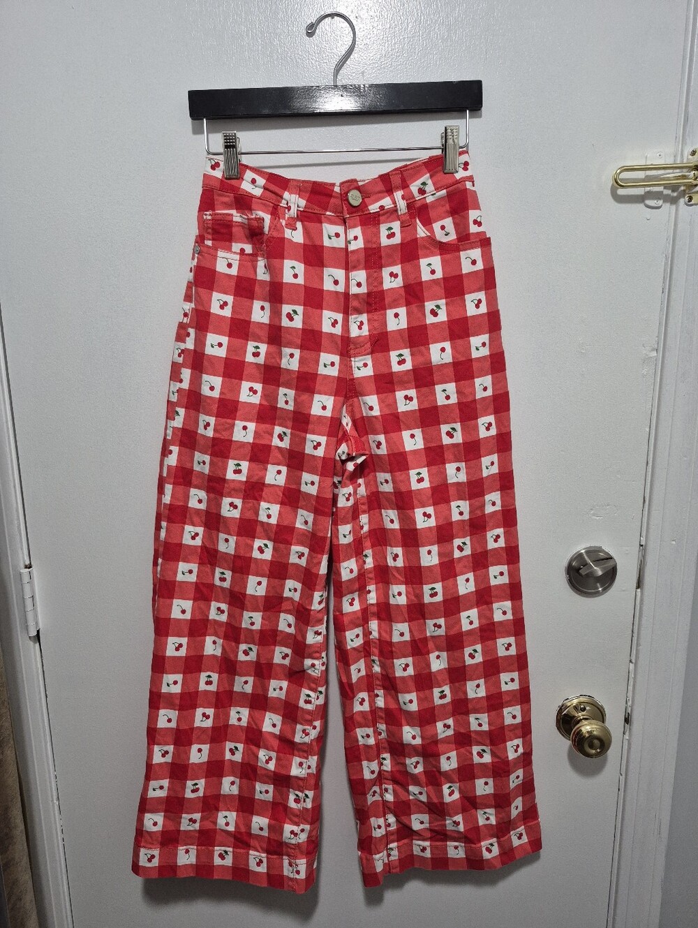 Oat New York - High Rise Wide Leg Crop - Cherry Checked Pants - Size 8/29